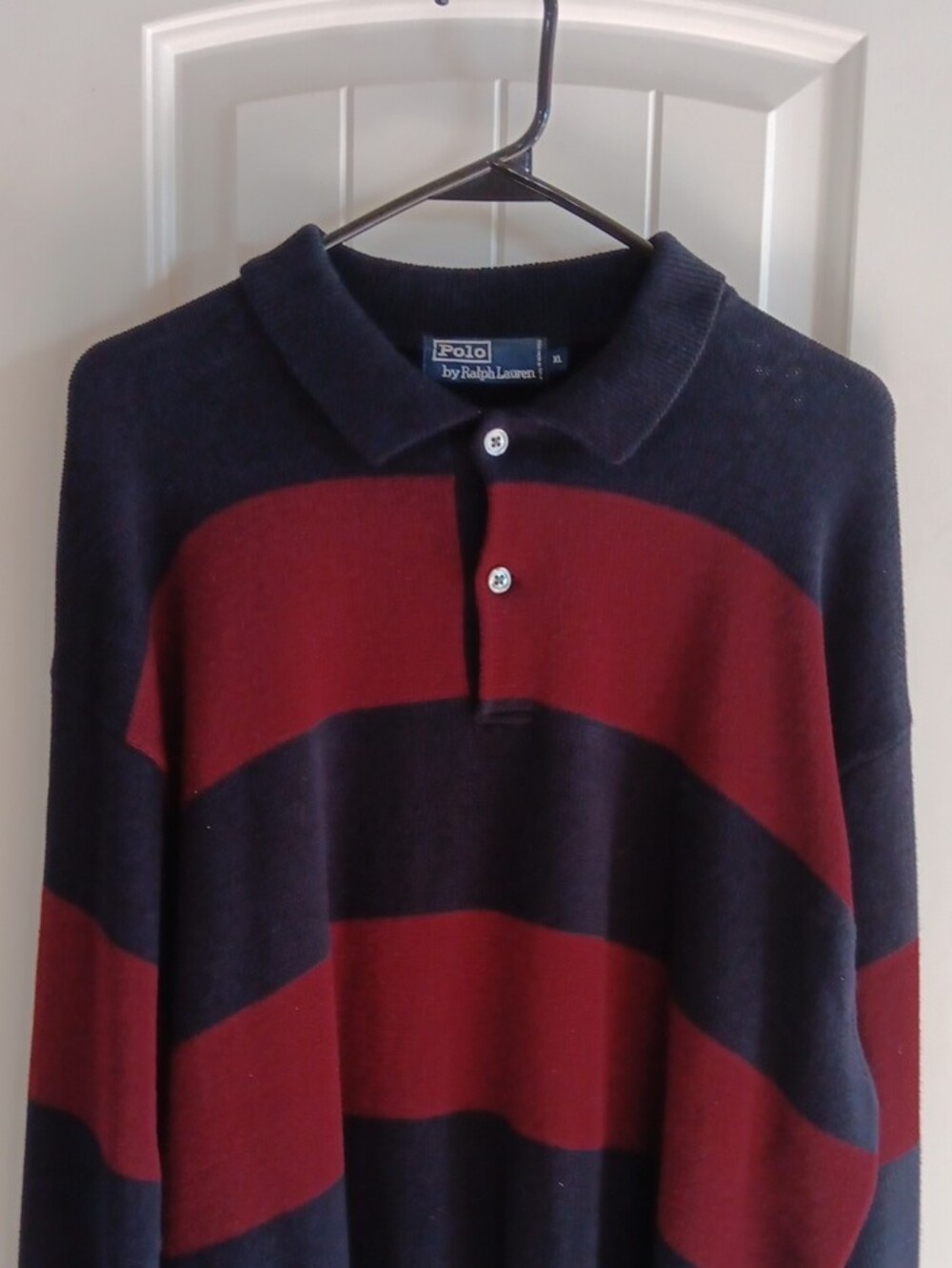 Vintage 90s Polo Ralph Lauren Knit Rugby Sweater XL Navy Burgundy Striped Preppy - Picture 3 of 6